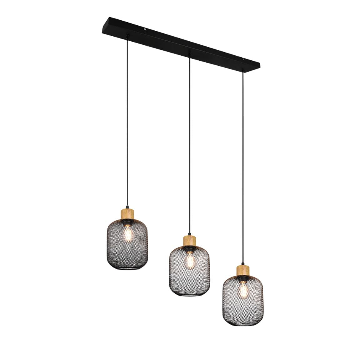 Sospensione in rete in metallo nero con dettagli in legno naturale art. CALIMERO