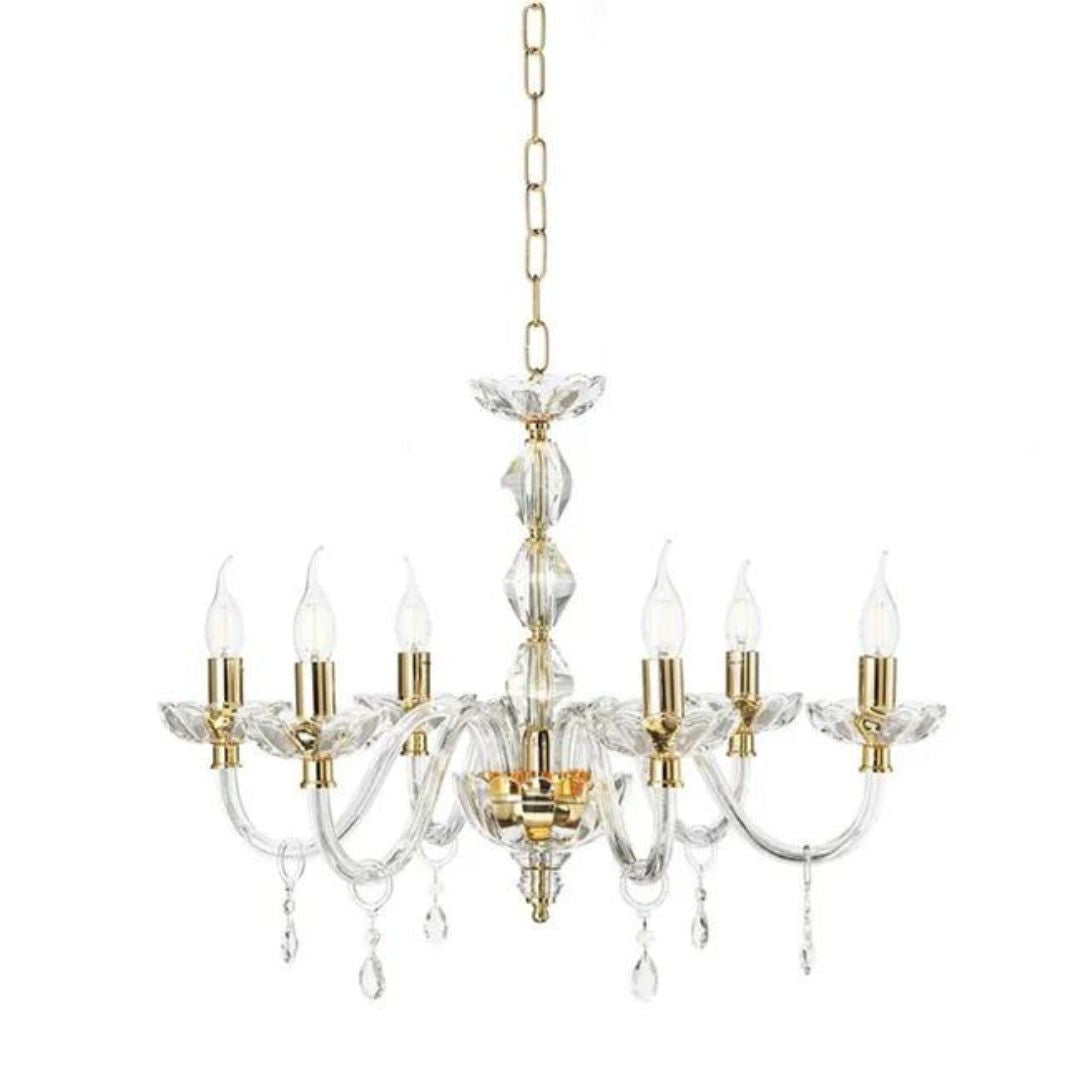 Lampadario 6 luci in cristallo trasparente con parti metalliche oro art BRIGIDA/6L