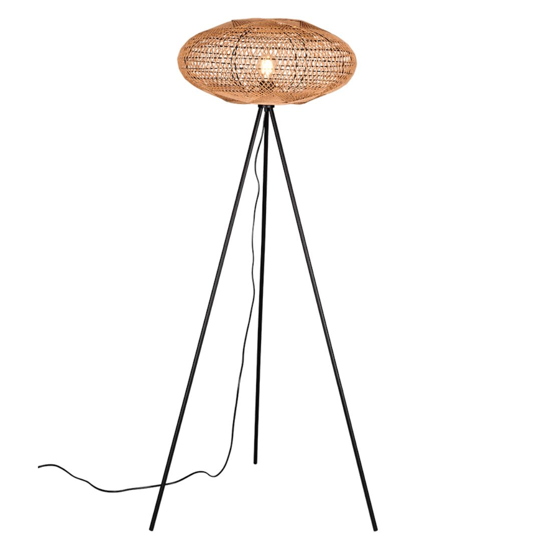 Lampada da terra in corda naturale con base tre piedi in metallo nero art HEDDA Piantana