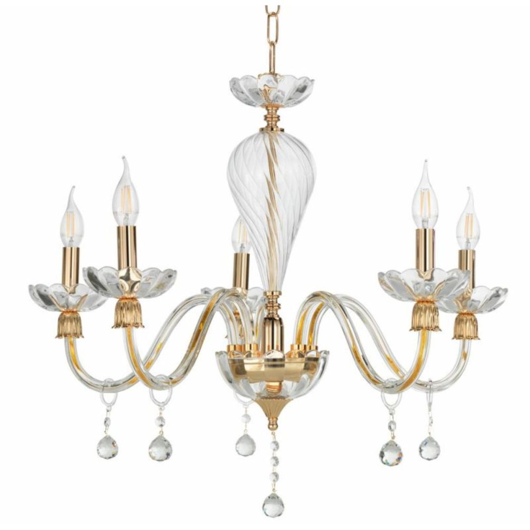 Lampadario 5 luci in vetro e cristallo parti metalliche in oro ROXANNE/S5