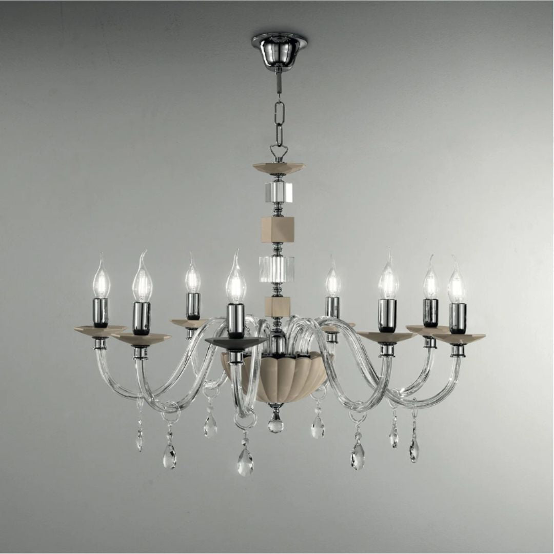 Lampadario in cristallo 8 luci in 4 colorazioni bianco, fumè, tortora e ottanio art. LIVIA/S8