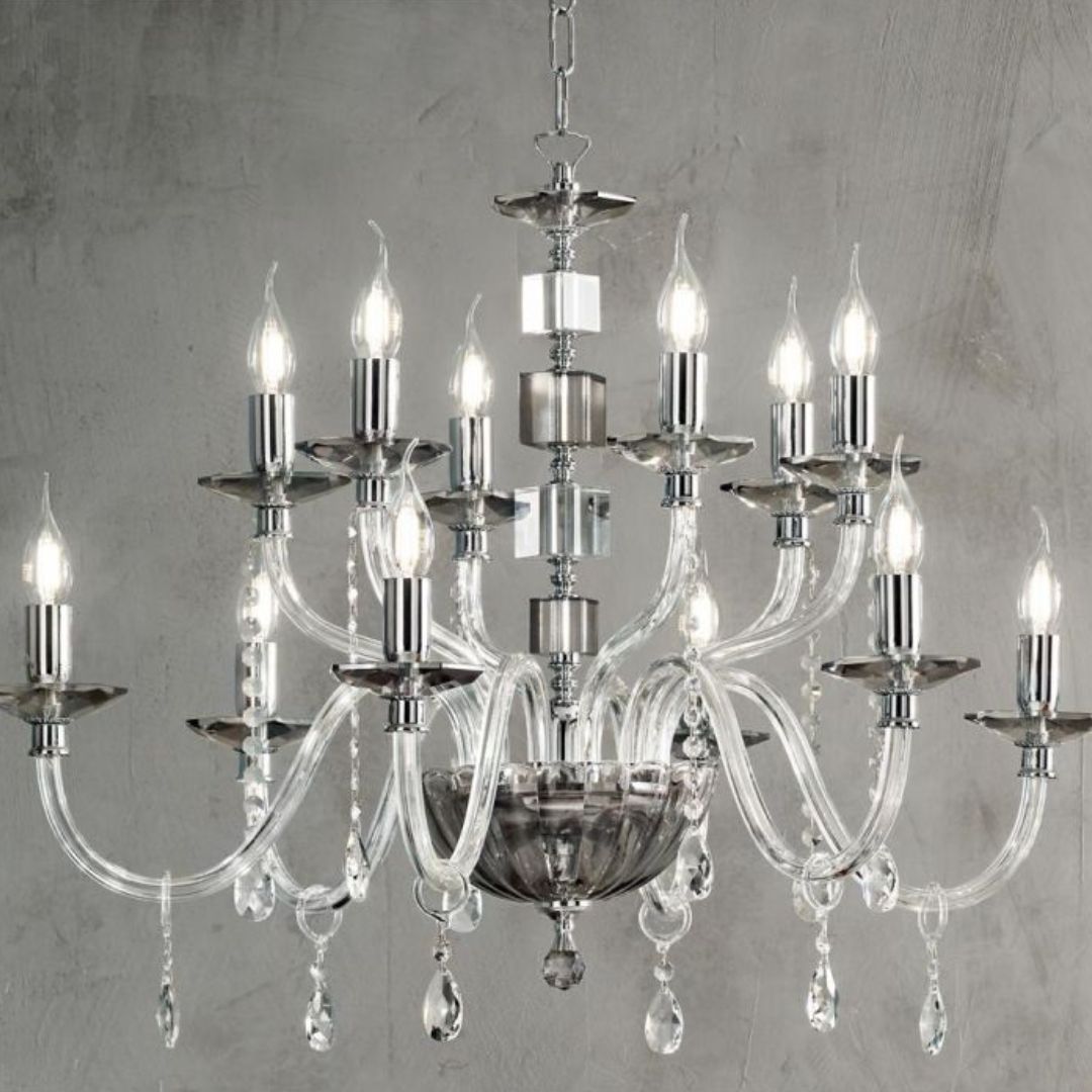 Lampadario in cristallo 12 luci in 4 colorazioni bianco, fumè, tortora e ottanio art LIVIA/S12