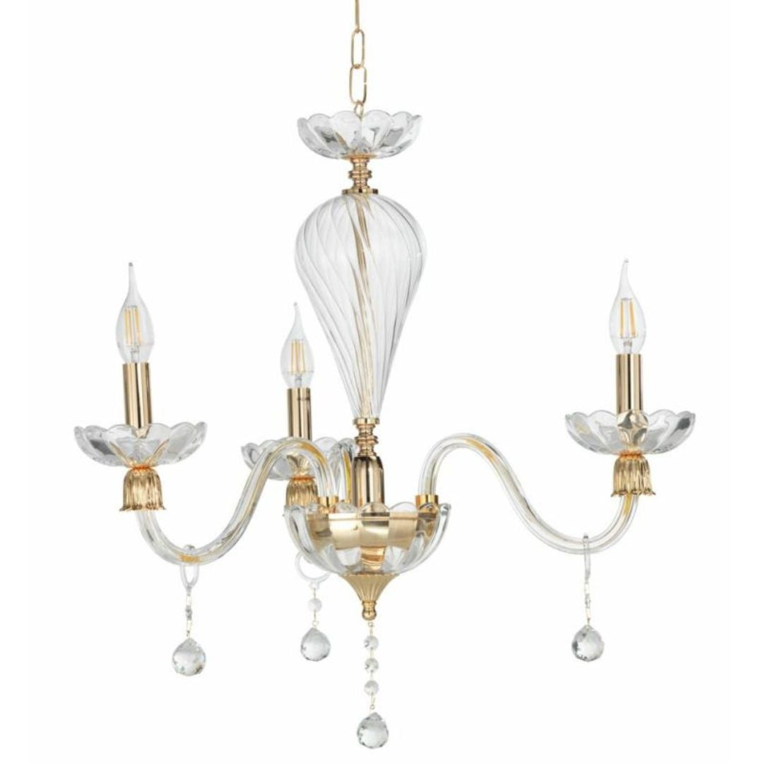Lampadario 3 luci in vetro e cristallo parti metalliche in oro art ROXANNE/S3