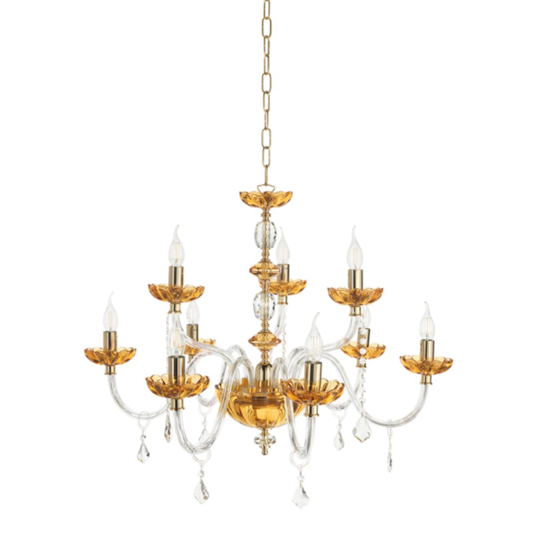 Lampadario 9 luci in cristallo trasparente e ambra parti metalliche oro art PATRICIA/S9