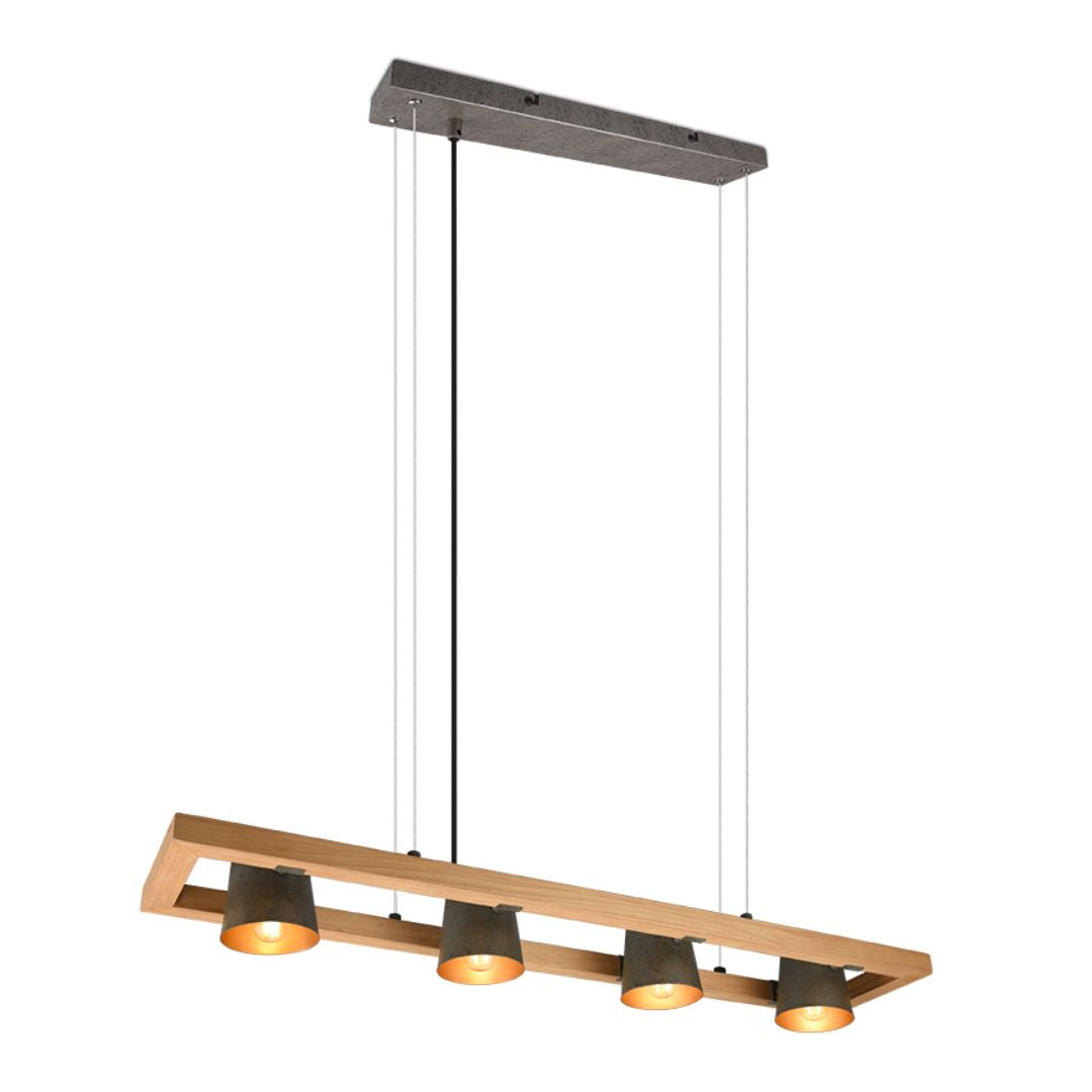 Sospensione rettangolare 4 luci E27 in legno naturale e metallo BELL