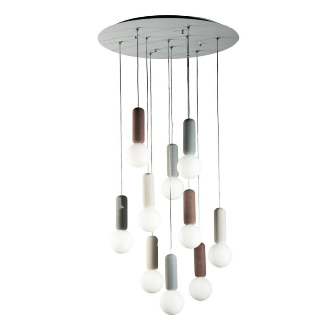 Sospensione su piastra tonda bianca 10 luci con pendenti in cemento e vetro art ROCK S10