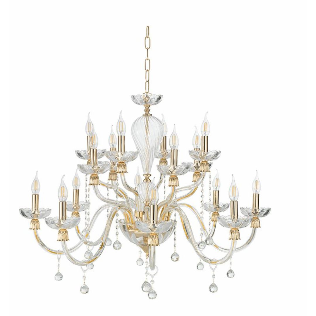 Lampadario 16 luci in vetro e cristallo parti metalliche in oro art ROXANNE/S16