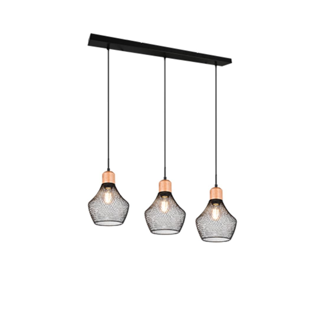 Sospensione 3 luci E27 in metallo nero e legno VALERIA S3