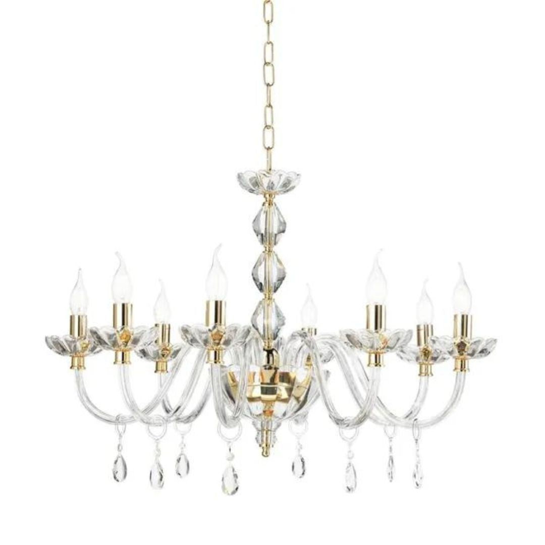 Lampadario 8 luci in cristallo trasparente con parti metalliche oro BRIGIDA/8L