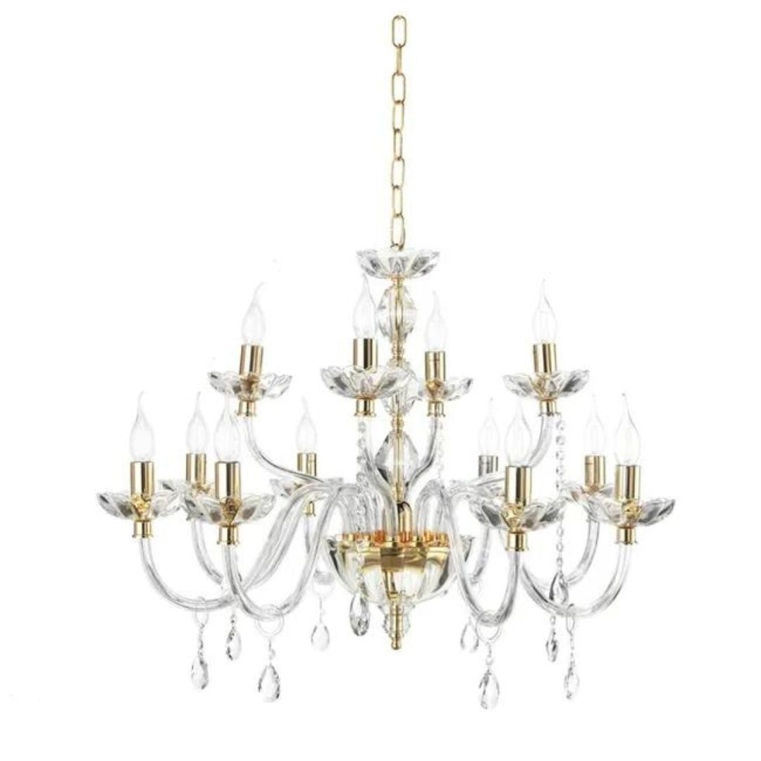 Lampadario 12 luci in cristallo trasparente con parti metalliche oro BRIGIDA/12L (8+4)