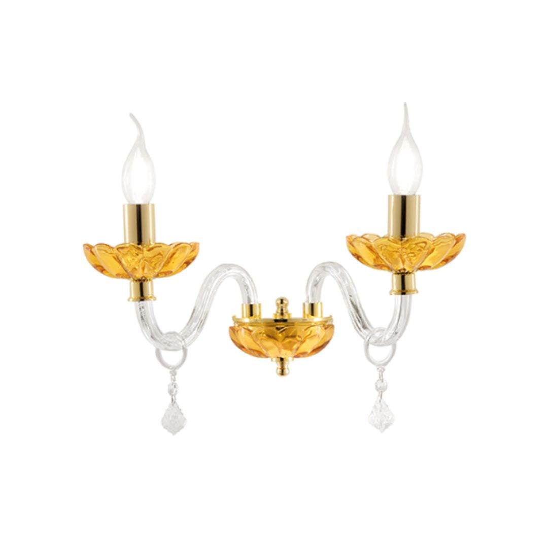 Applique due luci in cristallo trasparente e ambra parti metalliche oro art PATRICIA/AP2