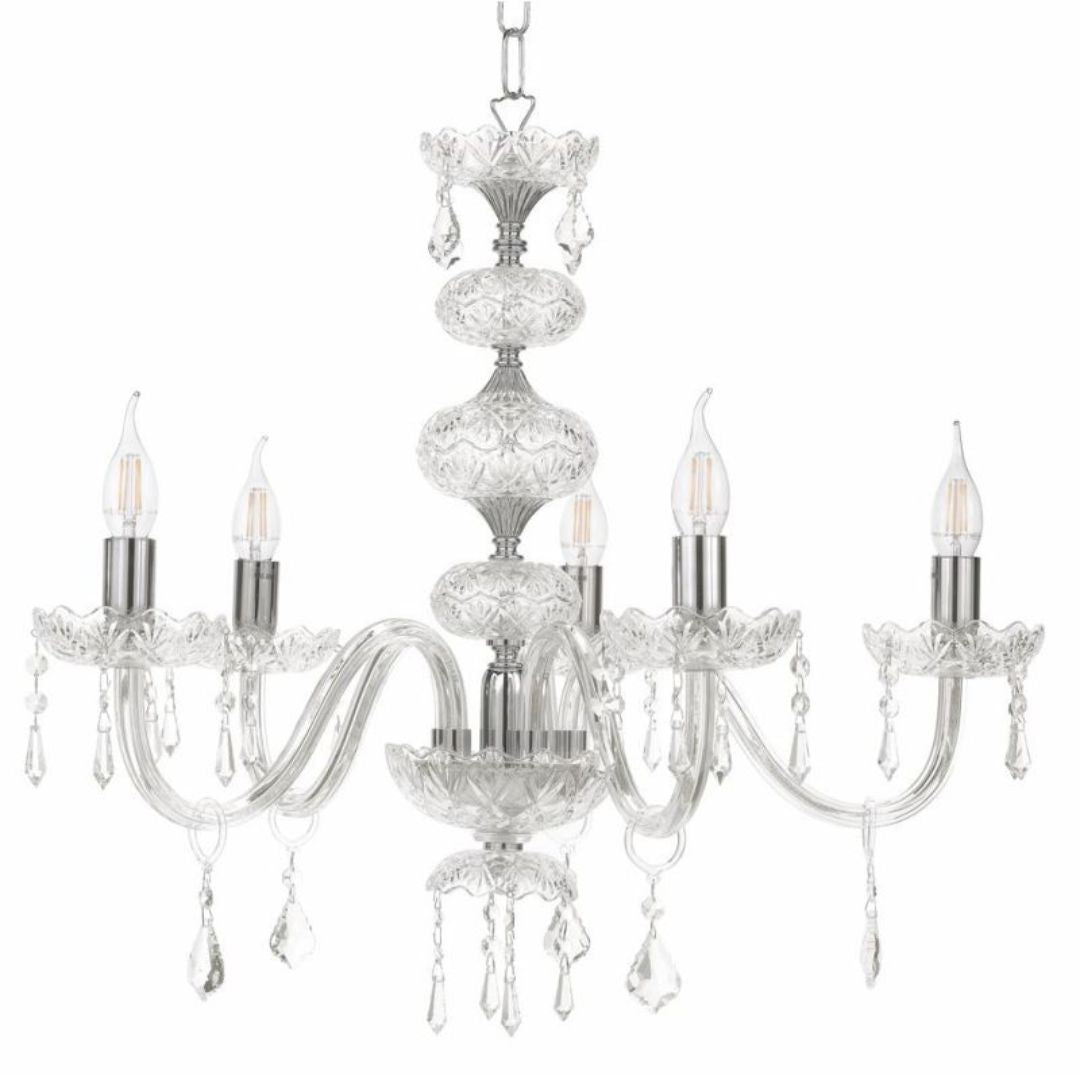 Lampadario in cristallo trasparente 5 luci con parti metalliche oro o cromo art DALLAS/S5
