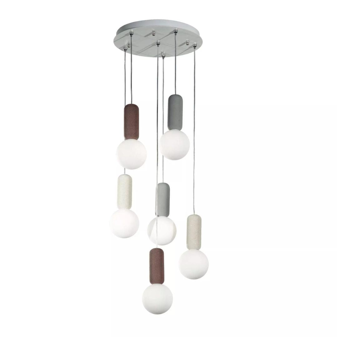 Sospensione su piastra tonda bianca 6 luci con pendenti in cemento e sfera in vetro bianco art ROCK S6