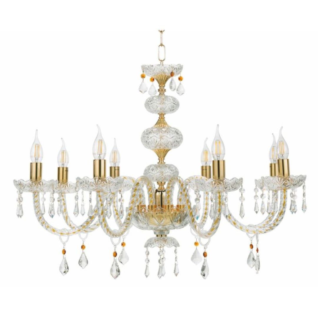 Lampadario 8 luci in cristallo trasparente con parti metalliche oro o cromo art DALLAS/S8