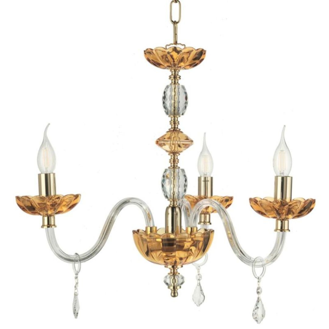 Lampadario 3 luci in cristallo trasparente e ambra parti metalliche oro PATRICIA/S3