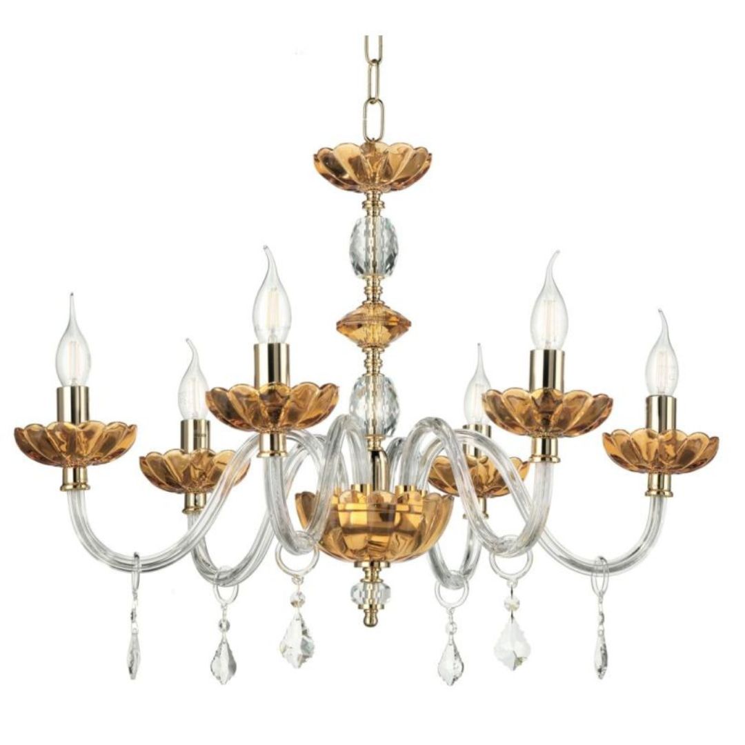 Lampadario 6 luci in cristallo trasparente e ambra parti metalliche oro art PATRICIA/S6