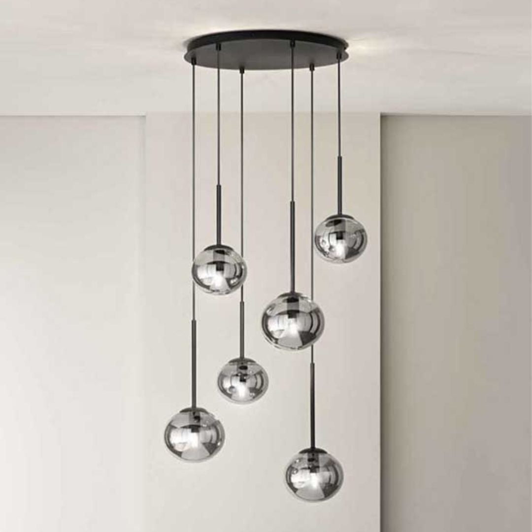 Sospensione su piastra tonda con 6 sfere in vetro pendenti JEWEL S6-R