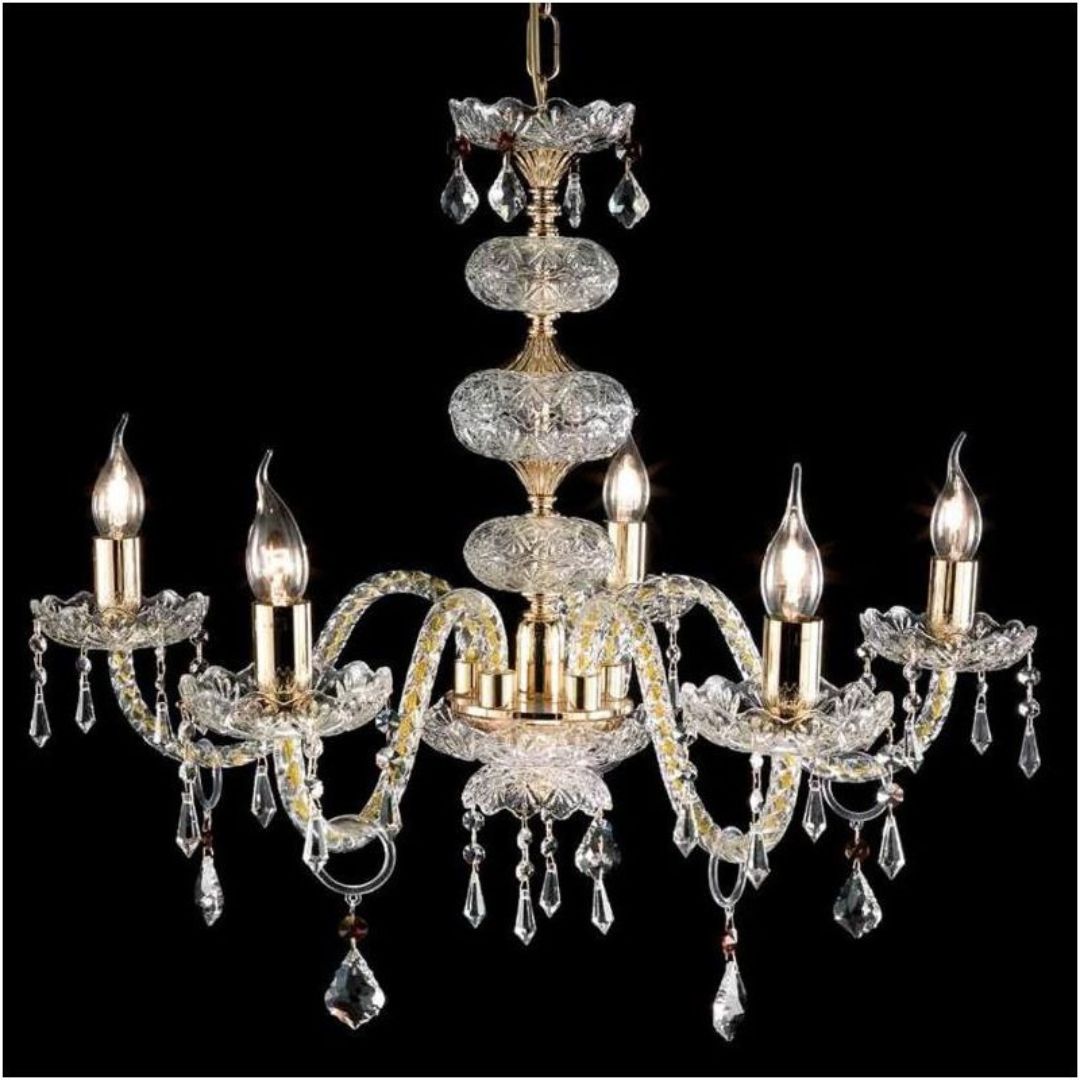 Lampadario in cristallo trasparente 5 luci con parti metalliche oro o cromo art DALLAS/S5