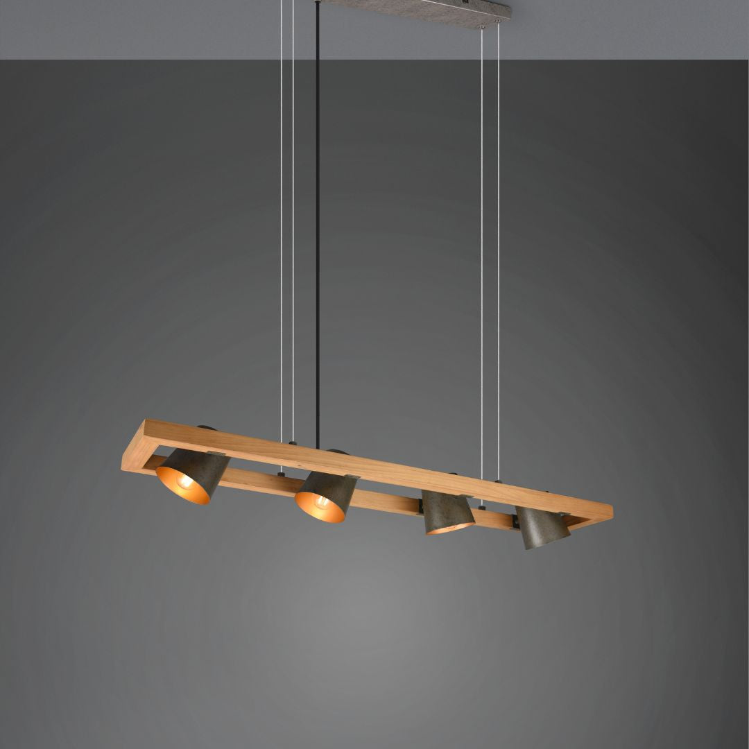 Sospensione rettangolare 4 luci E27 in legno naturale e metallo BELL
