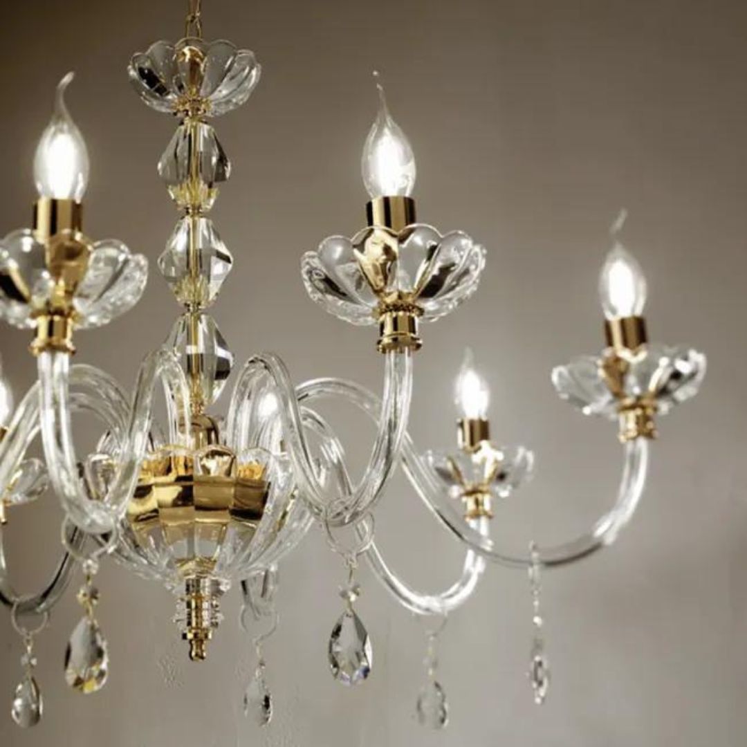 Lampadario 6 luci in cristallo trasparente con parti metalliche oro art BRIGIDA/6L
