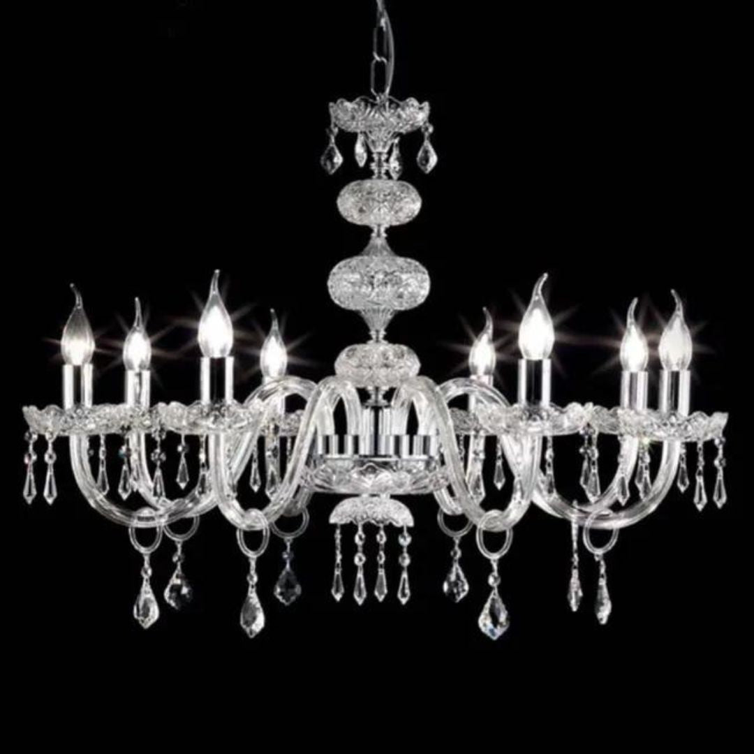 Lampadario 8 luci in cristallo trasparente con parti metalliche oro o cromo art DALLAS/S8