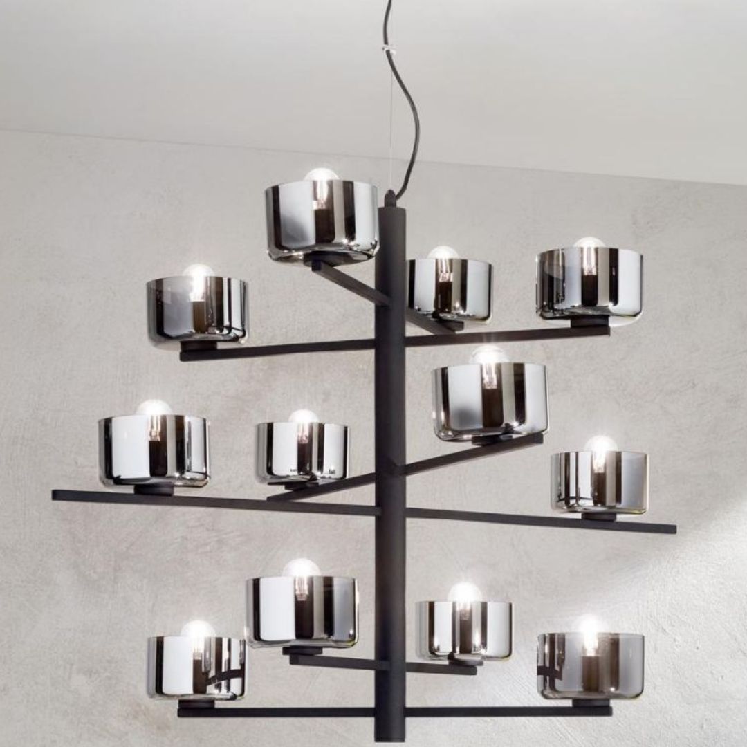 Sospensione in metallo 12 luci con diffusori in vetro FIGARO/S12
