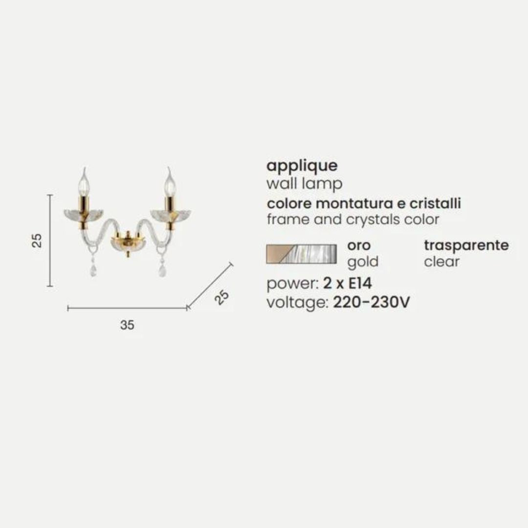 Applique in cristallo trasparente 2 luci con parti metalliche oro art BRIGIDA/AP2