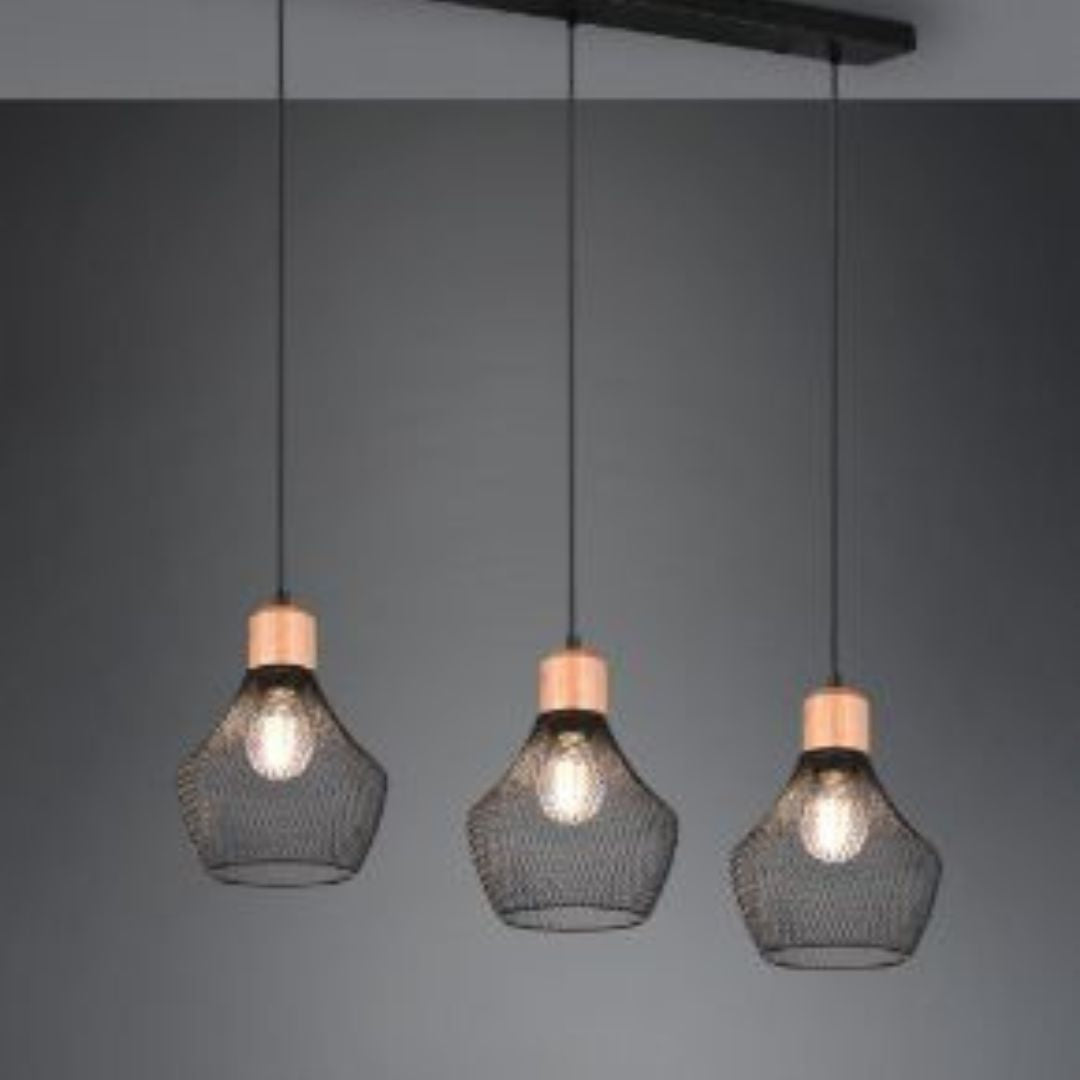Sospensione 3 luci E27 in metallo nero e legno VALERIA S3