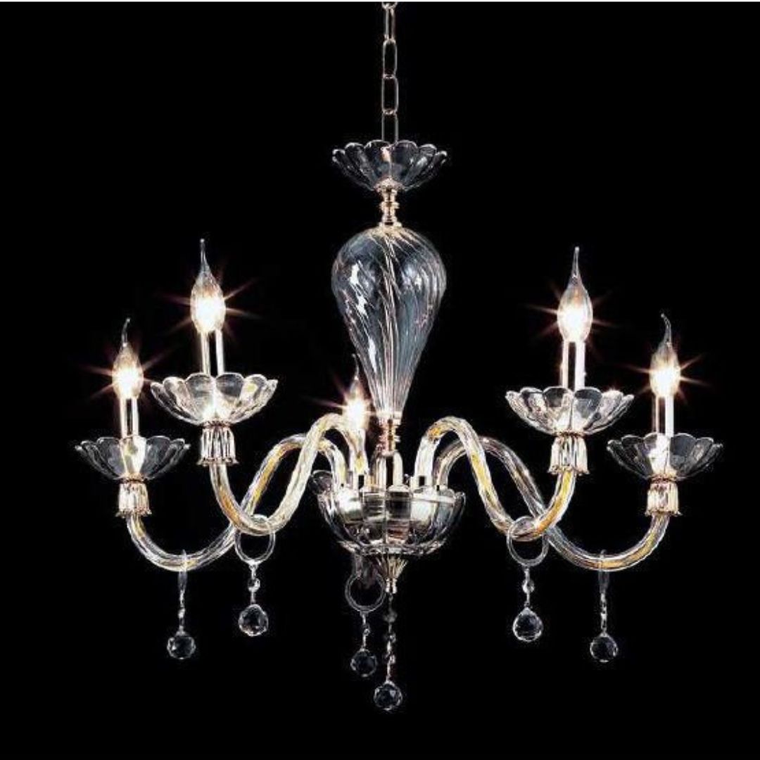 Lampadario 5 luci in vetro e cristallo parti metalliche in oro ROXANNE/S5