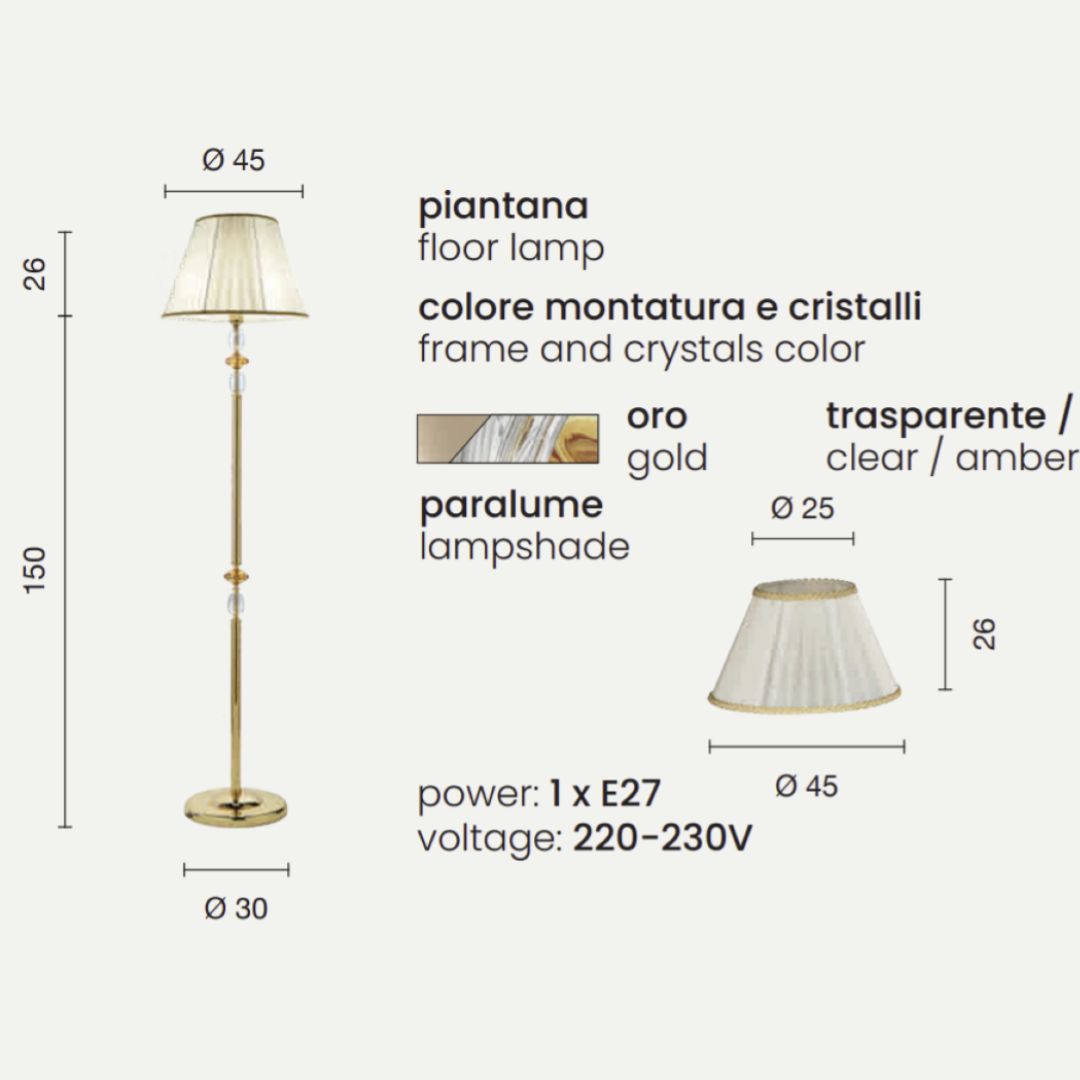 Lampada da terra in metallo oro con cristallo e paralume in tessuto PATRICIA/PT