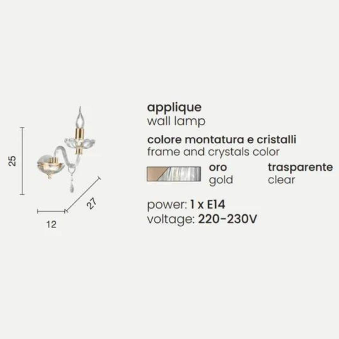 Applique in cristallo 1 luce con parti metalliche oro art BRIGIDA/AP1