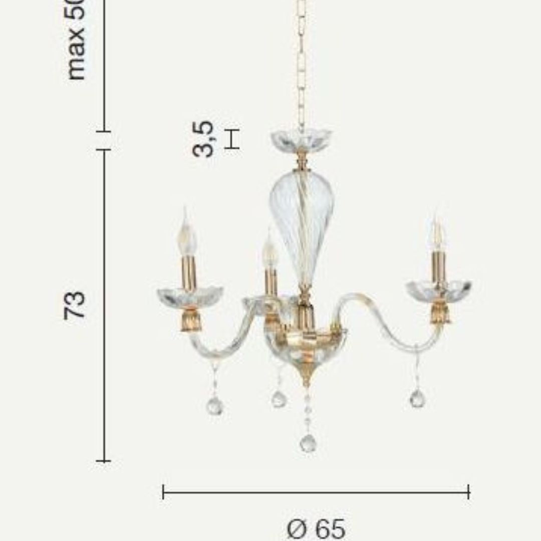 Lampadario 3 luci in vetro e cristallo parti metalliche in oro art ROXANNE/S3