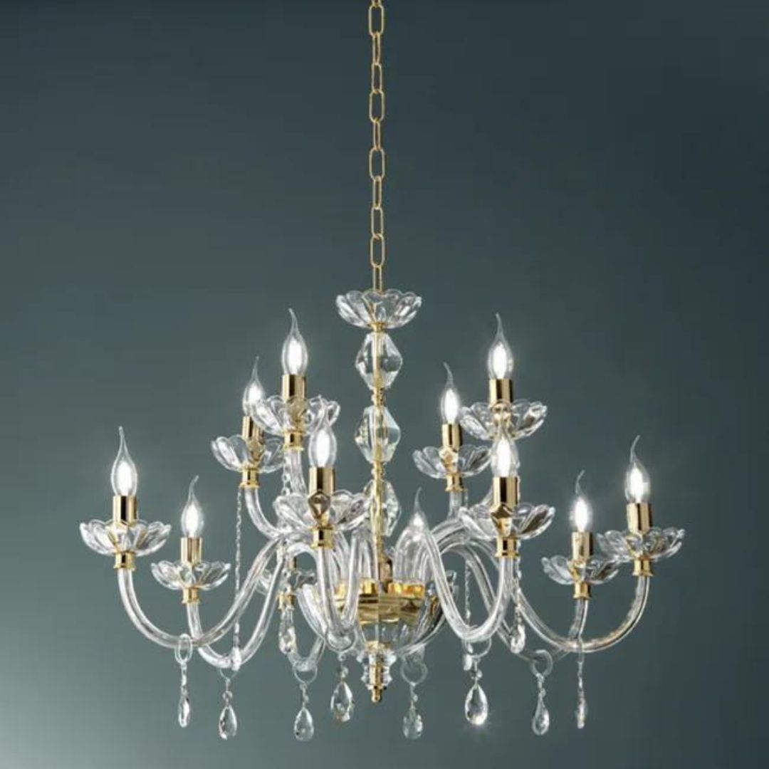 Lampadario 12 luci in cristallo trasparente con parti metalliche oro BRIGIDA/12L (8+4)