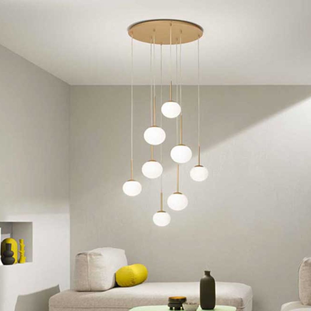 Sospensione su piastra tonda con 6 sfere in vetro pendenti JEWEL S6-R