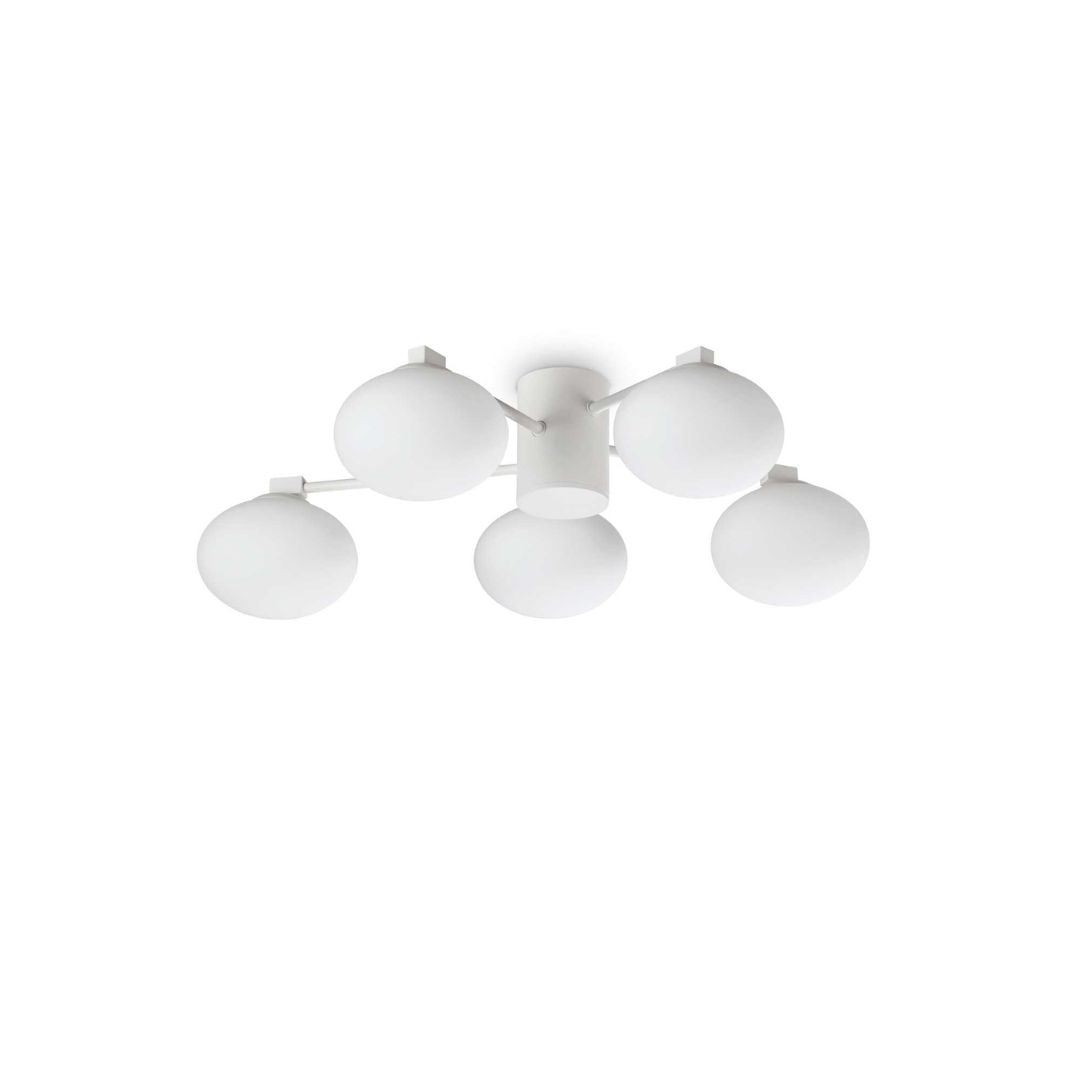 Plafoniera da Soffitto Hermes a 5 luci Ø60 cm - Metallo Placcato & Vetro Bianco Acidato, Bianco/Ottone Satinato