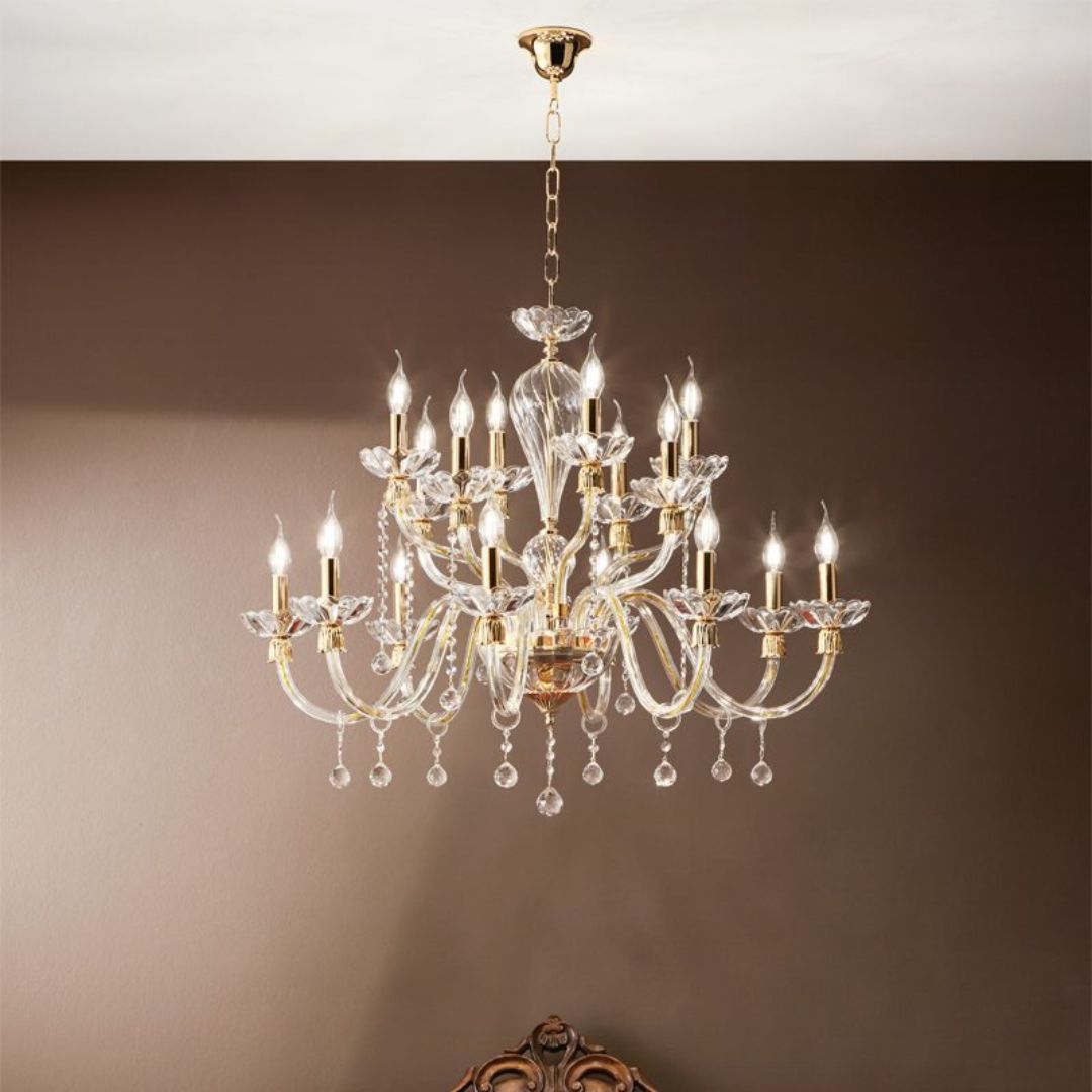 Lampadario 16 luci in vetro e cristallo parti metalliche in oro art ROXANNE/S16