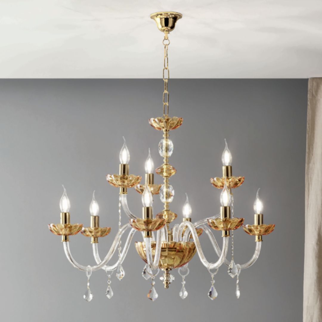 Lampadario 9 luci in cristallo trasparente e ambra parti metalliche oro art PATRICIA/S9