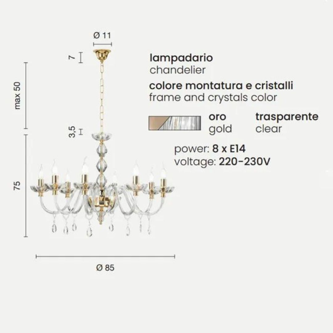 Lampadario 8 luci in cristallo trasparente con parti metalliche oro BRIGIDA/8L