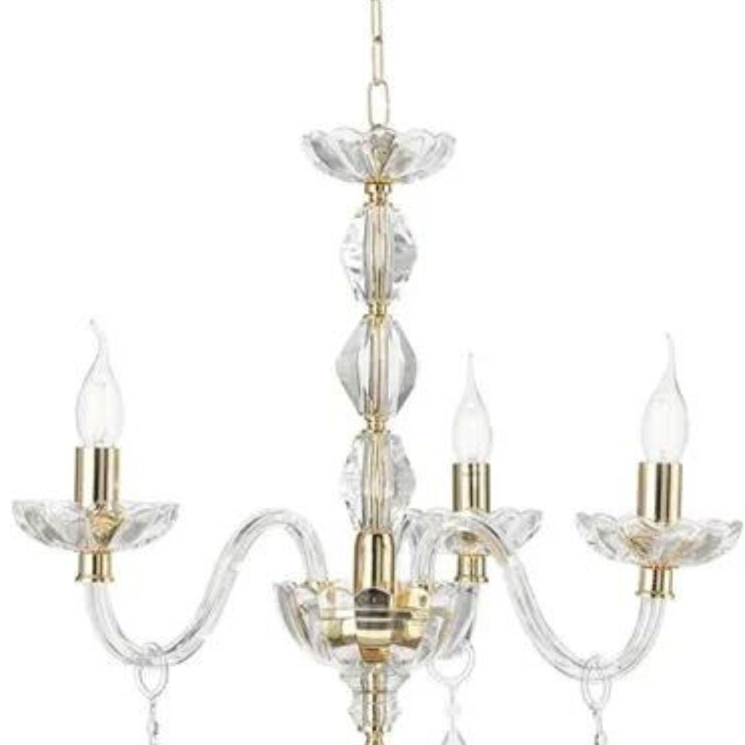 Lampadario 3 luci in cristallo trasparente e parti metalliche oro art BRIGIDA/3L