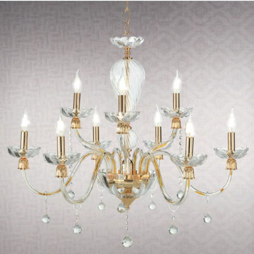 Lampadario 9 luci in vetro e cristallo parti metalliche in oro art ROXANNE/S9
