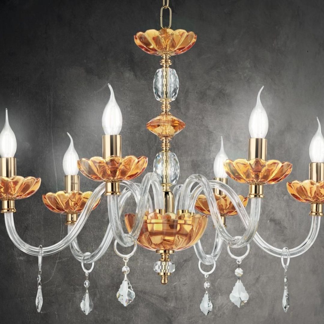 Lampadario 6 luci in cristallo trasparente e ambra parti metalliche oro art PATRICIA/S6