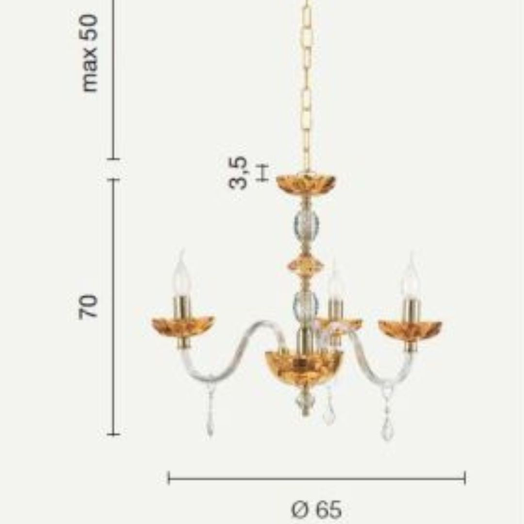 Lampadario 3 luci in cristallo trasparente e ambra parti metalliche oro PATRICIA/S3