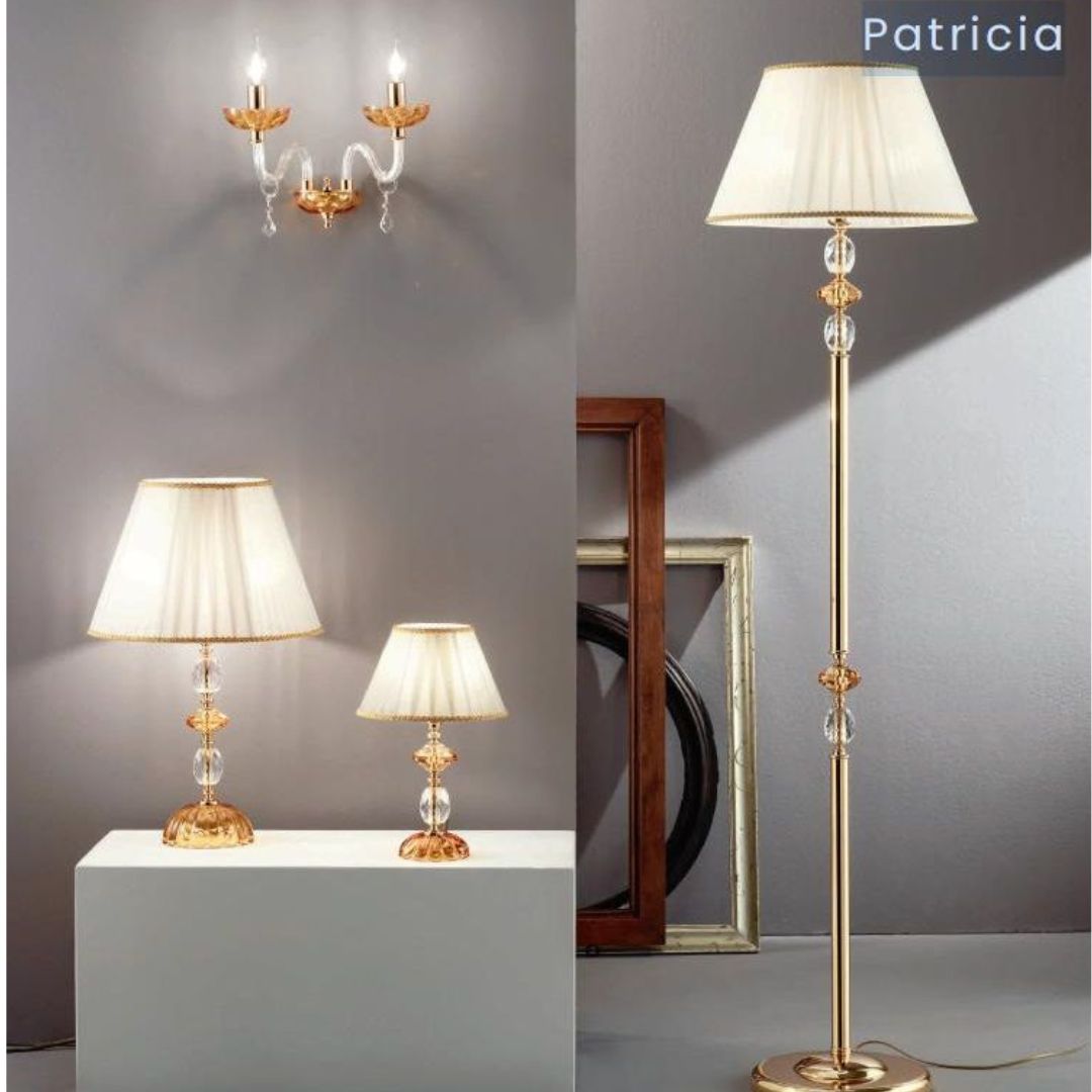 Lume grande in cristallo ambra e trasparente parti metalliche oro art PATRICIA/LG