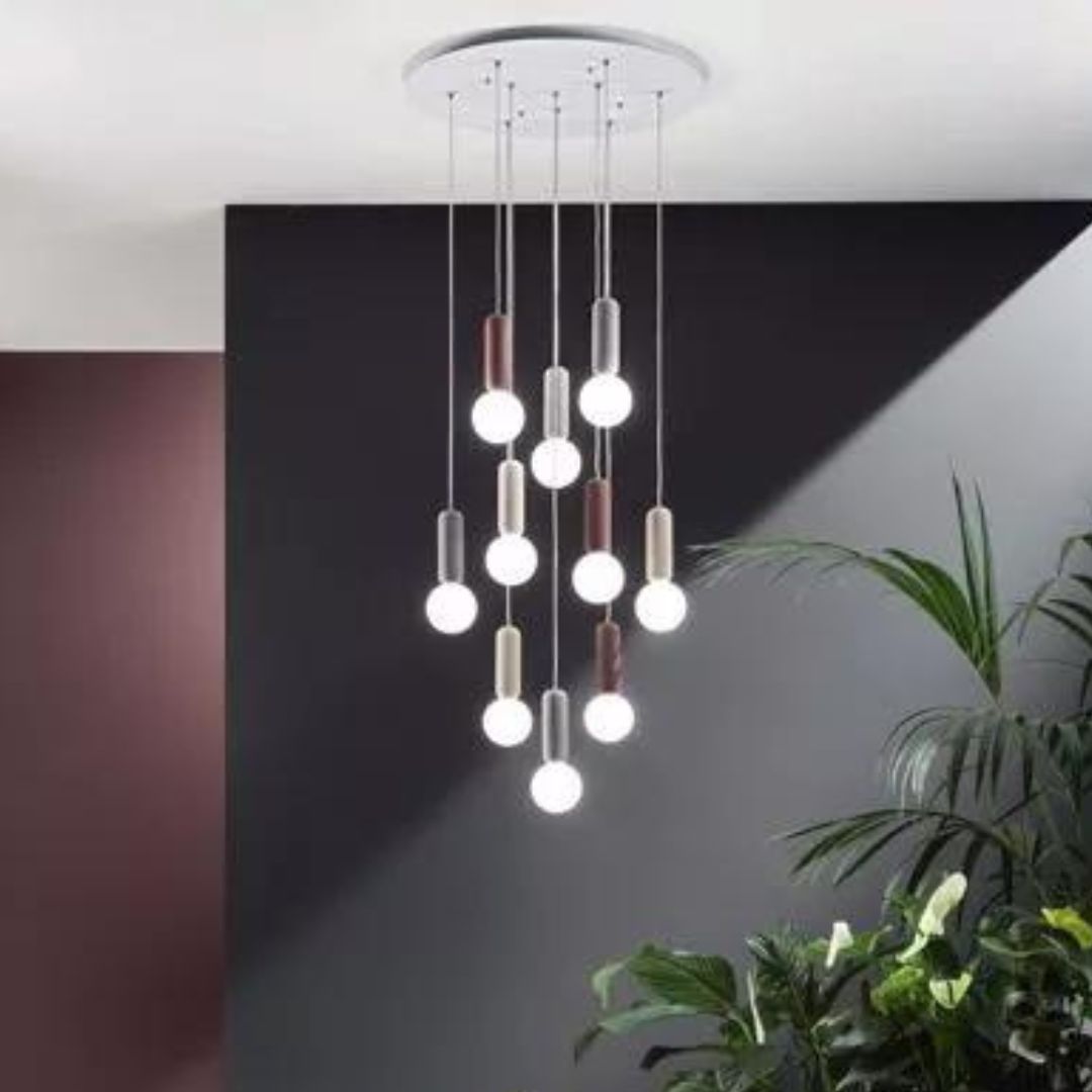 Sospensione su piastra tonda bianca 10 luci con pendenti in cemento e vetro art ROCK S10