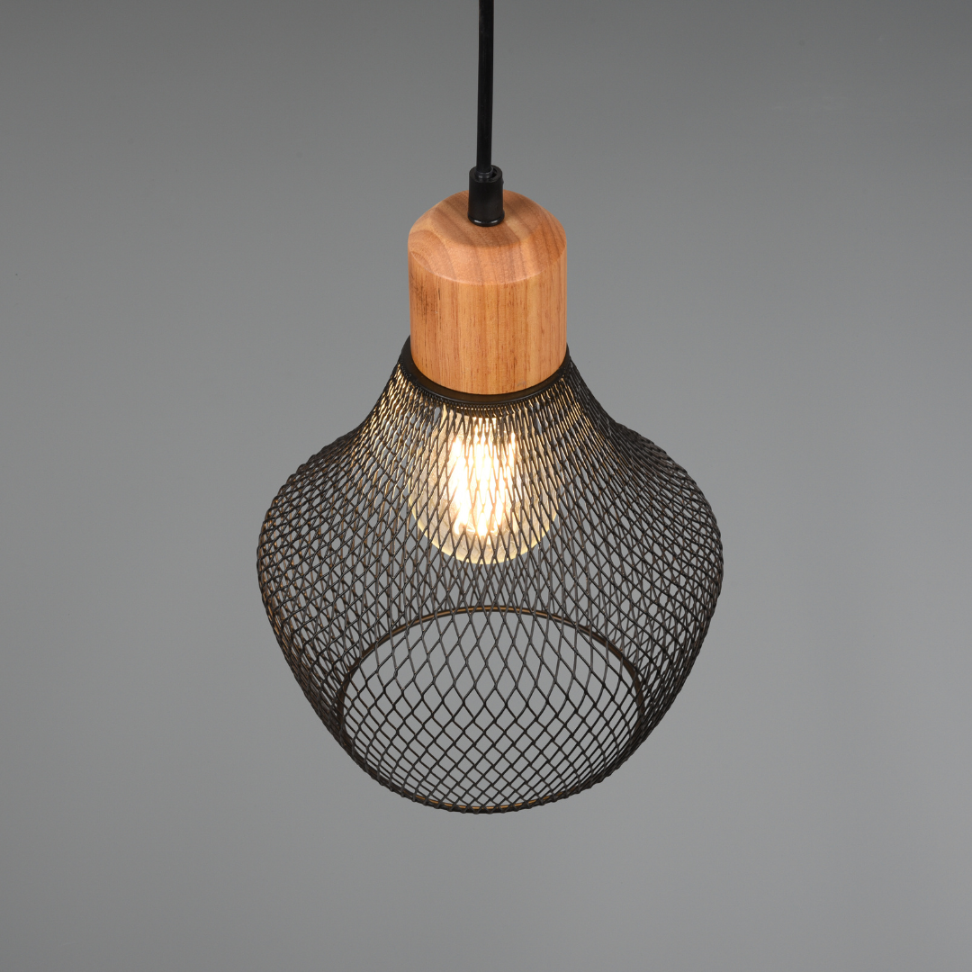 Sosp in rete in metallo nero dettagli in legno due misure Ø18cm e Ø33cm VALERIA S1