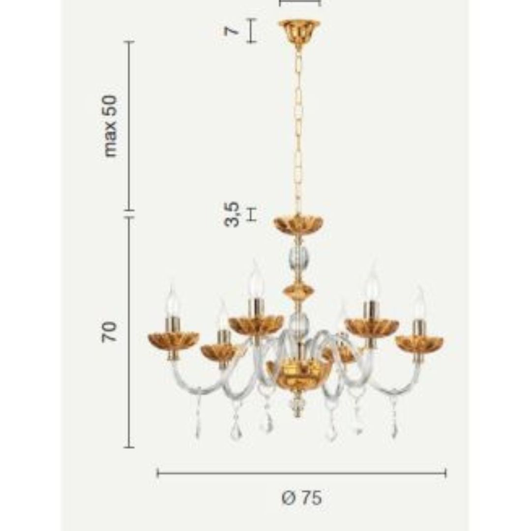 Lampadario 6 luci in cristallo trasparente e ambra parti metalliche oro art PATRICIA/S6