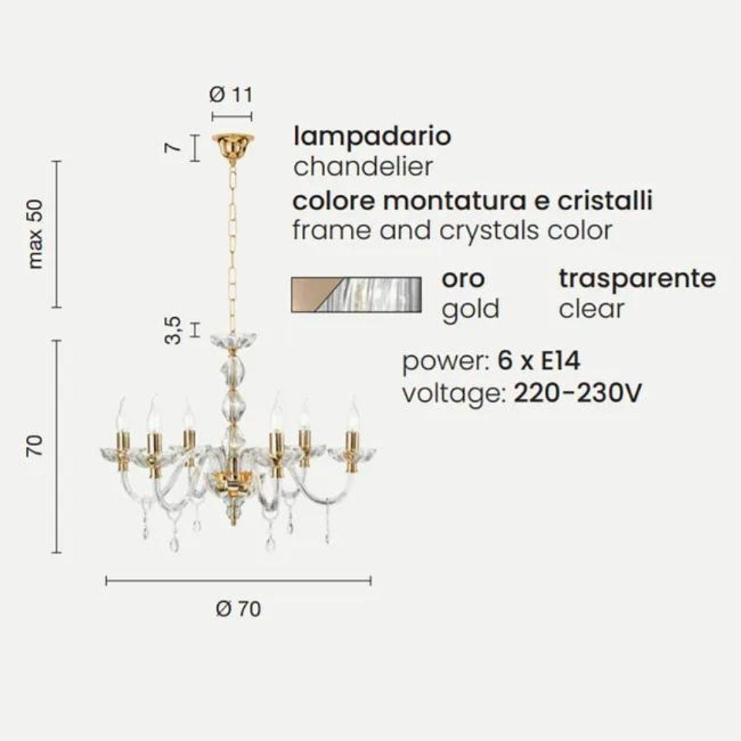 Lampadario 6 luci in cristallo trasparente con parti metalliche oro art BRIGIDA/6L