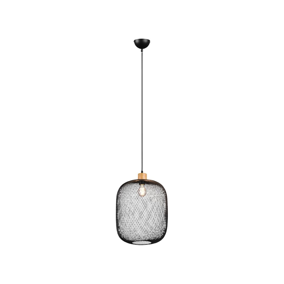 Sospensione in rete in metallo nero con dettagli in legno naturale art. CALIMERO