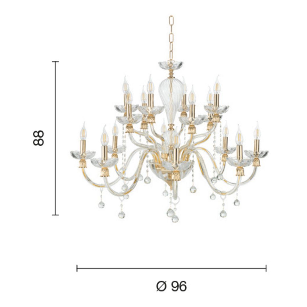 Lampadario 16 luci in vetro e cristallo parti metalliche in oro art ROXANNE/S16