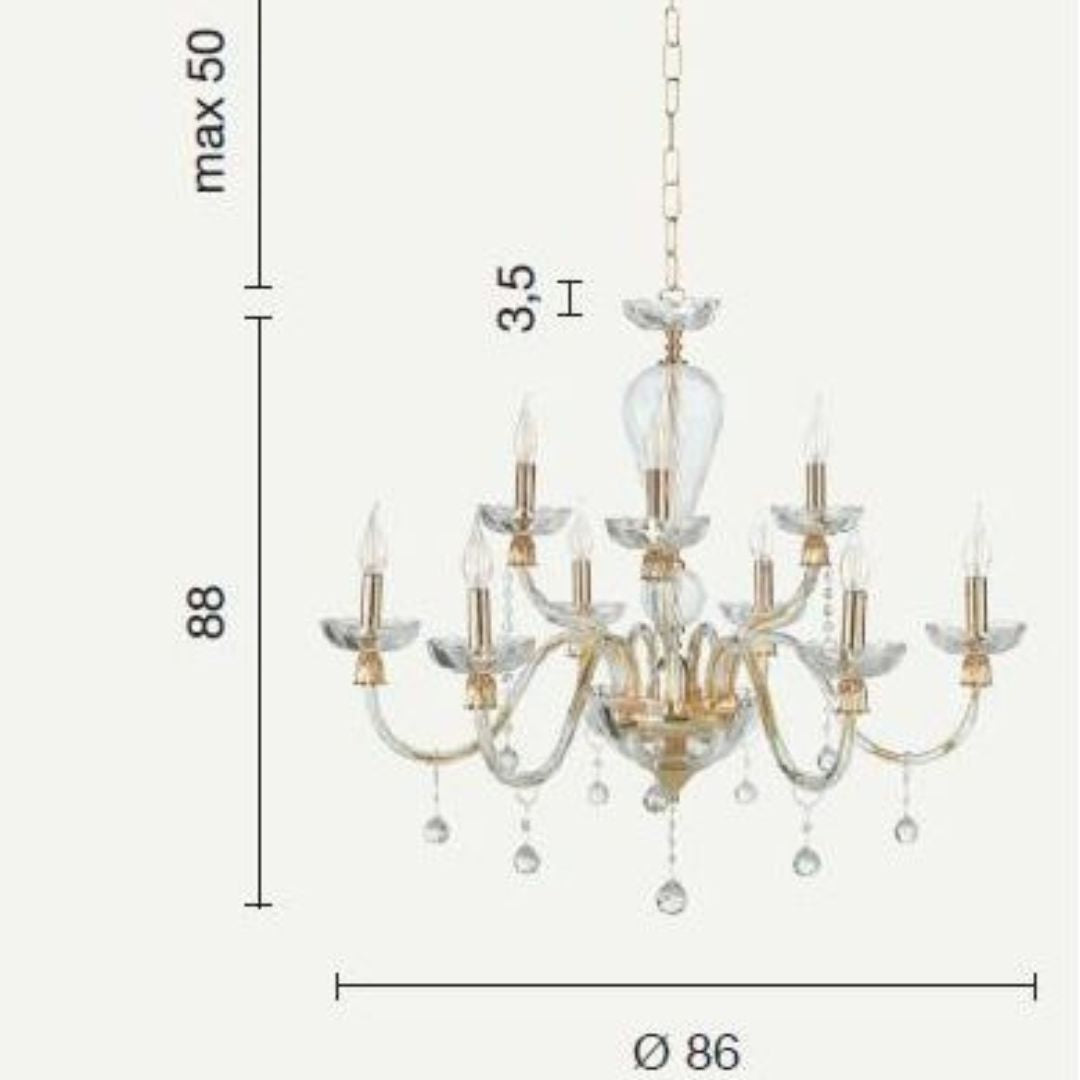 Lampadario 9 luci in vetro e cristallo parti metalliche in oro art ROXANNE/S9